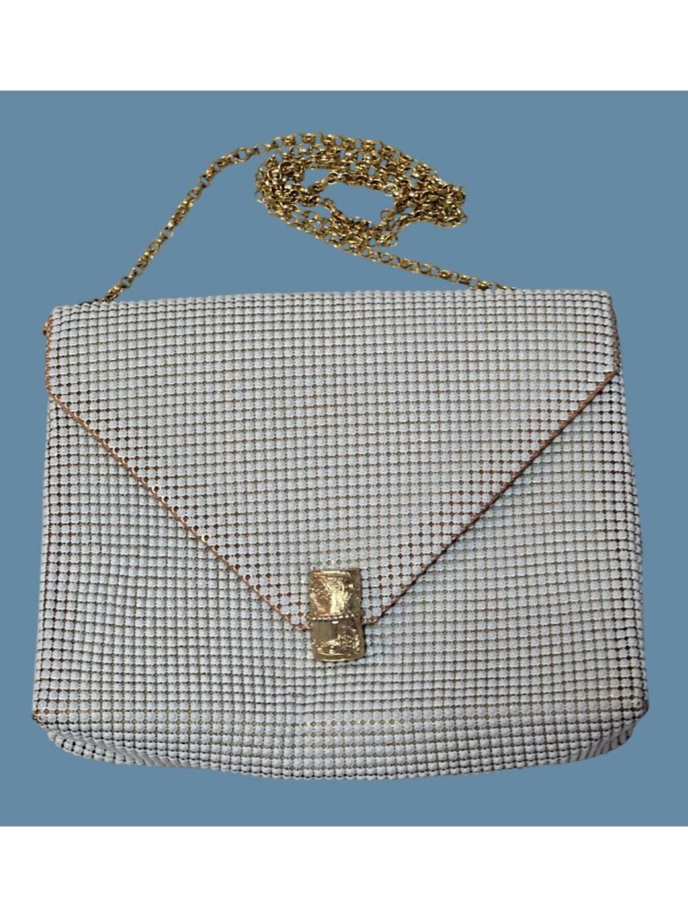 Whiting & Davis White Mesh Evening Bag Gold-Tone Chain Strap Unique Closure